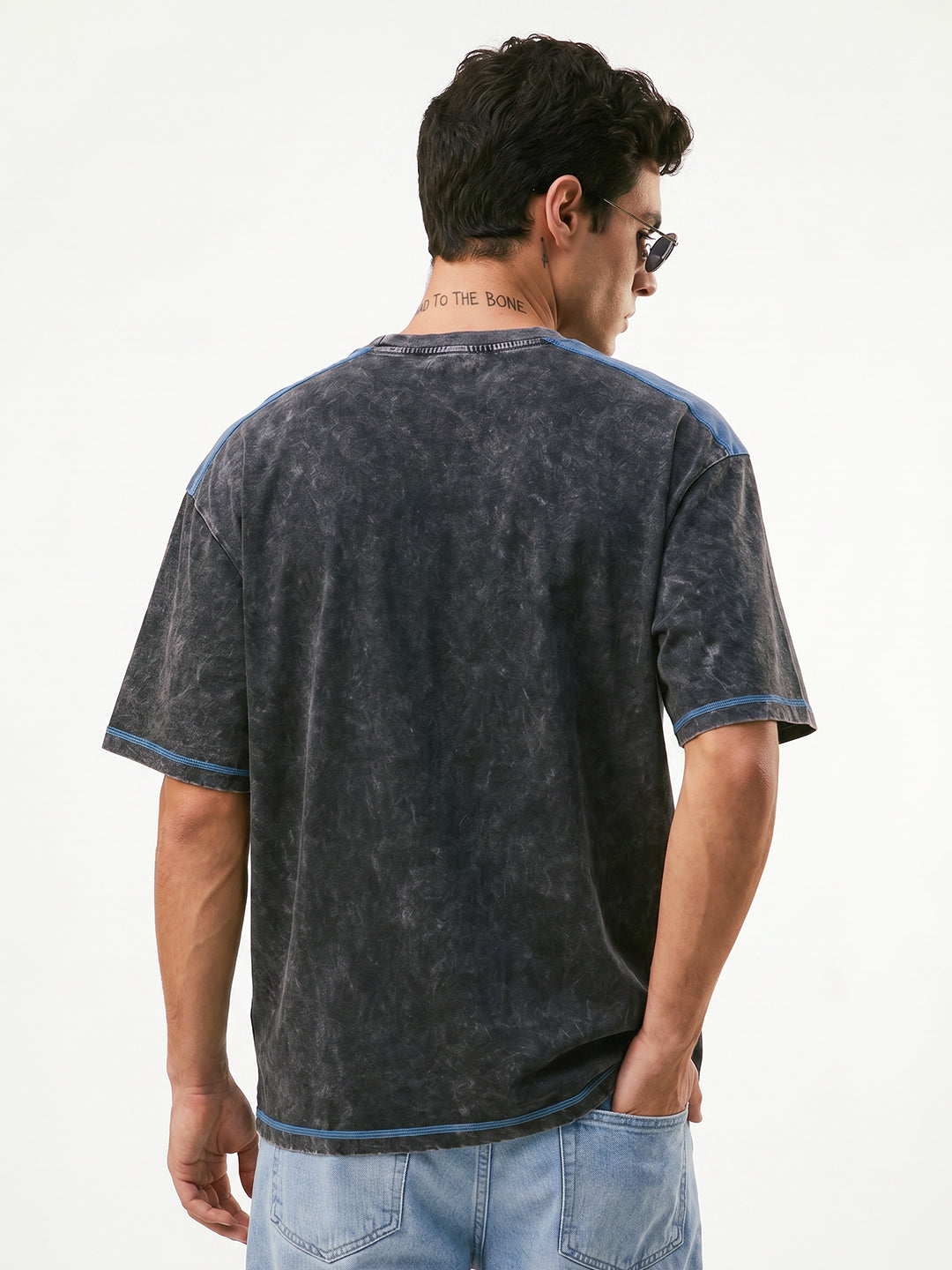 Riders Life Acid Wash Oversized T-Shirt - Black & Denim Blue