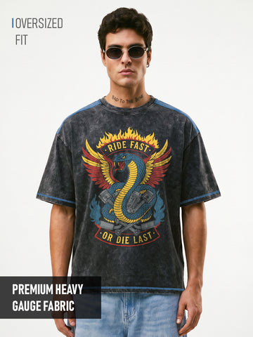 Riders Life Acid Wash Oversized T-Shirt - Black & Denim Blue