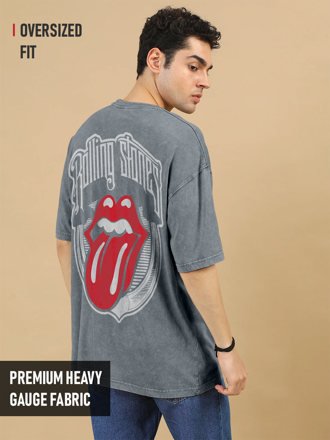 Rolling Stone Acid Wash Graphic Printed Oversized T-Shirt - Steel Grey
