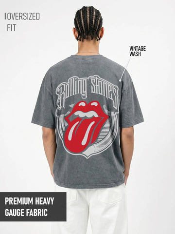 Rolling Stone Acid Wash Graphic Printed Oversized T-Shirt - Steel Grey
