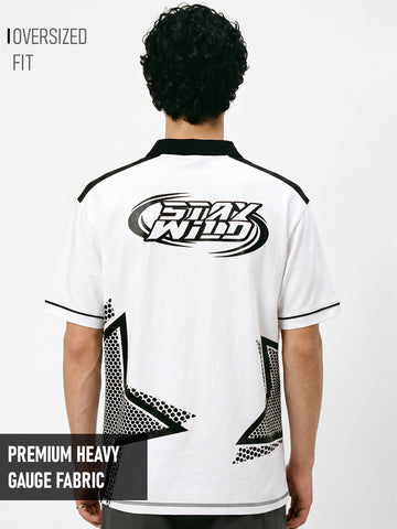 Stay Wild Oversized Polo T-Shirt - White & Black
