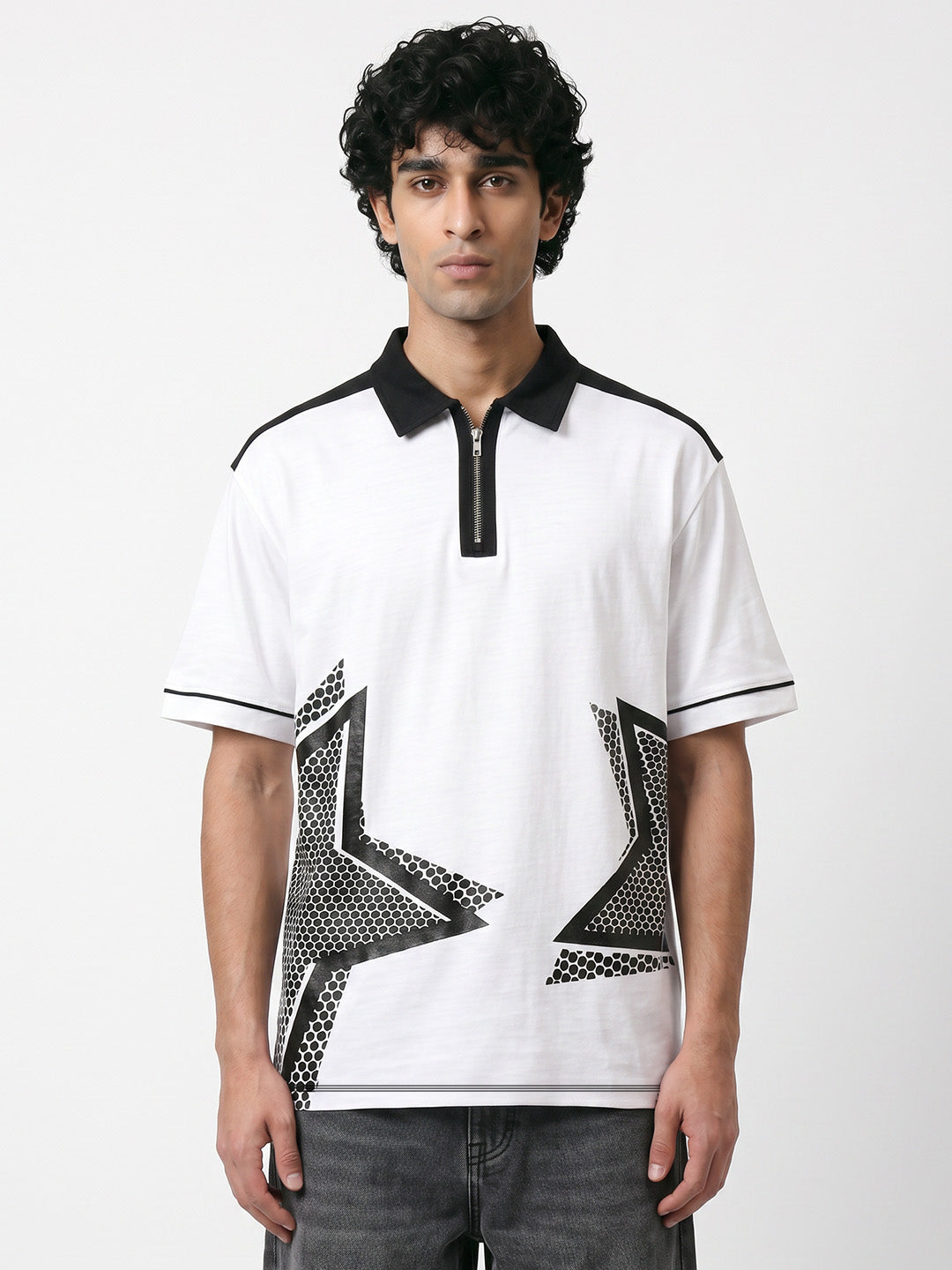 Stay Wild Oversized Polo T-Shirt - White & Black
