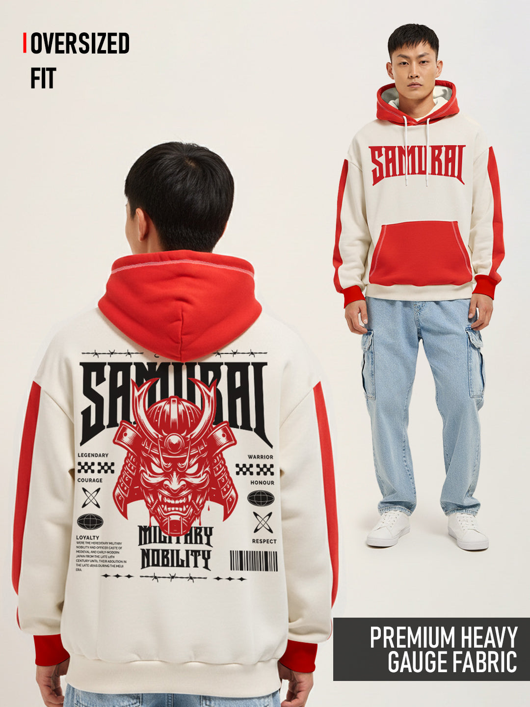 Samurai Oversized Hoodie - Off White & Red
