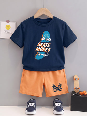 Kids - Skate More Navy Blue Top & Orange Bottom Set