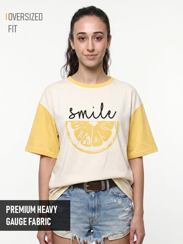 Smile All Day Women Oversized T-Shirt - Off White & Yellow