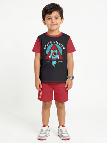 Kids - Space Mission Black Red Top & Red Bottom Set
