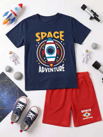 Kids - Space Adventure Navy Blue Top & Red Bottom Set