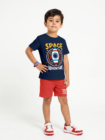 Kids - Space Adventure Navy Blue Top & Red Bottom Set