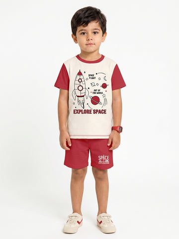 Kids - Space Exploration Off White Red Top & Red Bottom Set