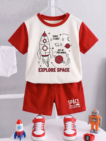Kids - Space Exploration Off White Red Top & Red Bottom Set
