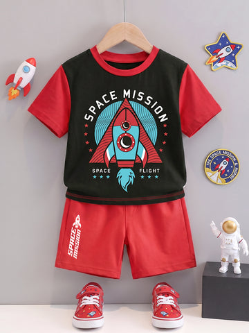 Kids - Space Mission Black Red Top & Red Bottom Set