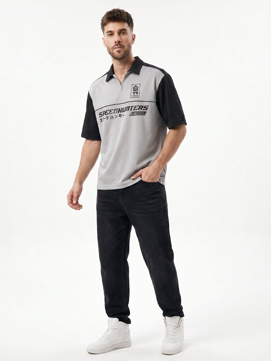 Polo - Speed Hunters Oversized Polo T-Shirt - Black & Lt.Grey