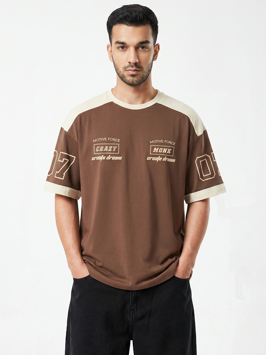 Street Tide Oversized T- Shirt -  Brown & Off White