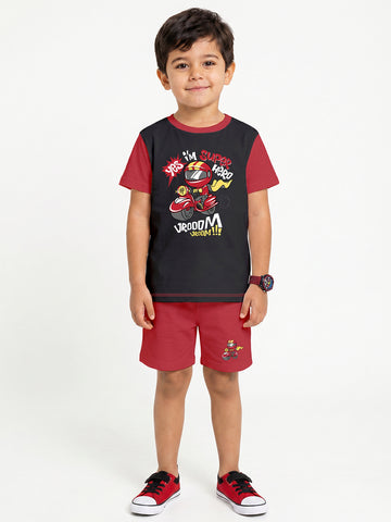 Kids - Super Hero Black Red Top & Red Bottom Set
