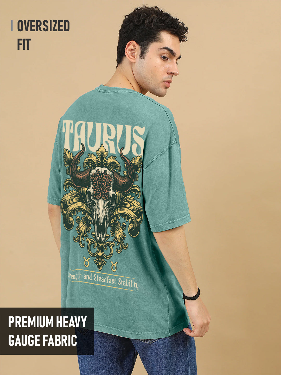 Taurus Zodiac Acid Wash Graphic Printed Oversized T-Shirt - Green