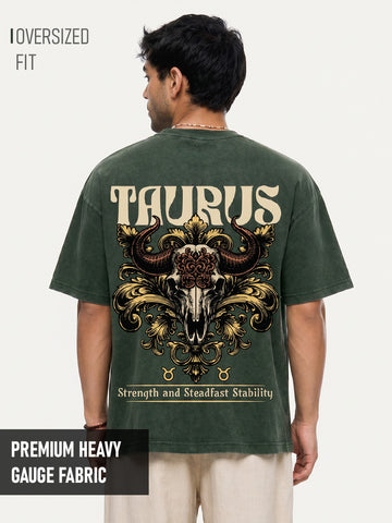 Taurus Zodiac Acid Wash Graphic Printed Oversized T-Shirt - Green