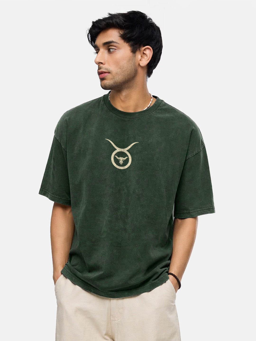 Taurus Zodiac Acid Wash Graphic Printed Oversized T-Shirt - Green
