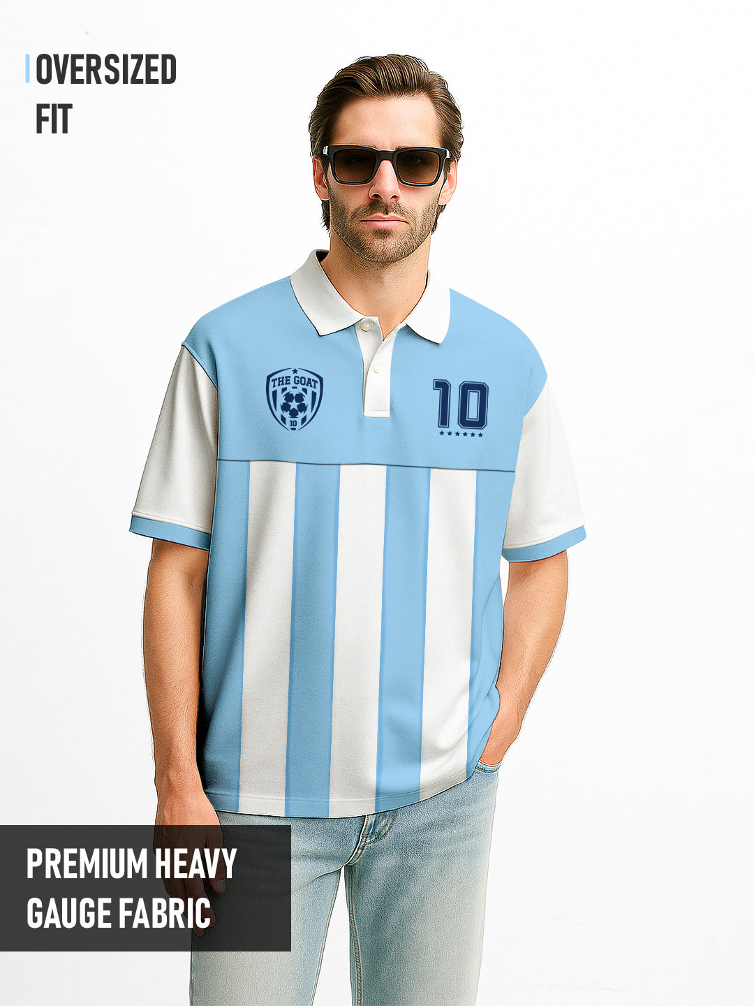 Polo - The Goat Oversized Polo T-Shirt - White & Sky Blue