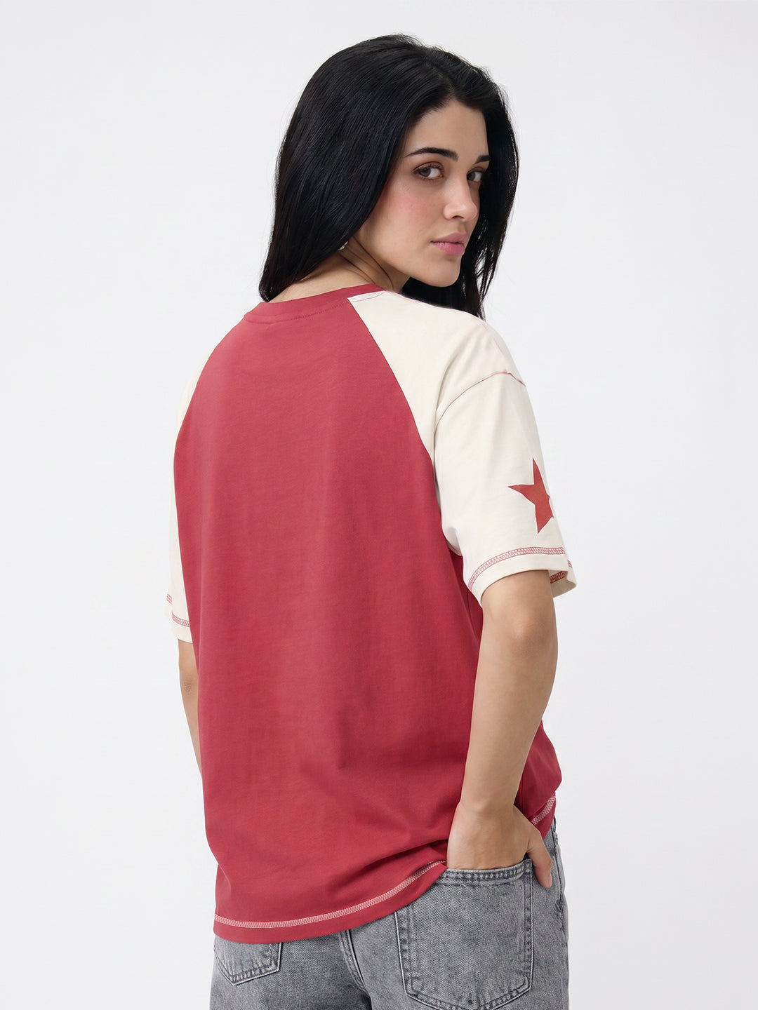 Tokyo College League Women Oversized T-Shirt - Red & Off White