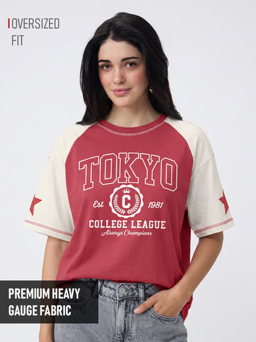 Tokyo College League Women Oversized T-Shirt - Red & Off White