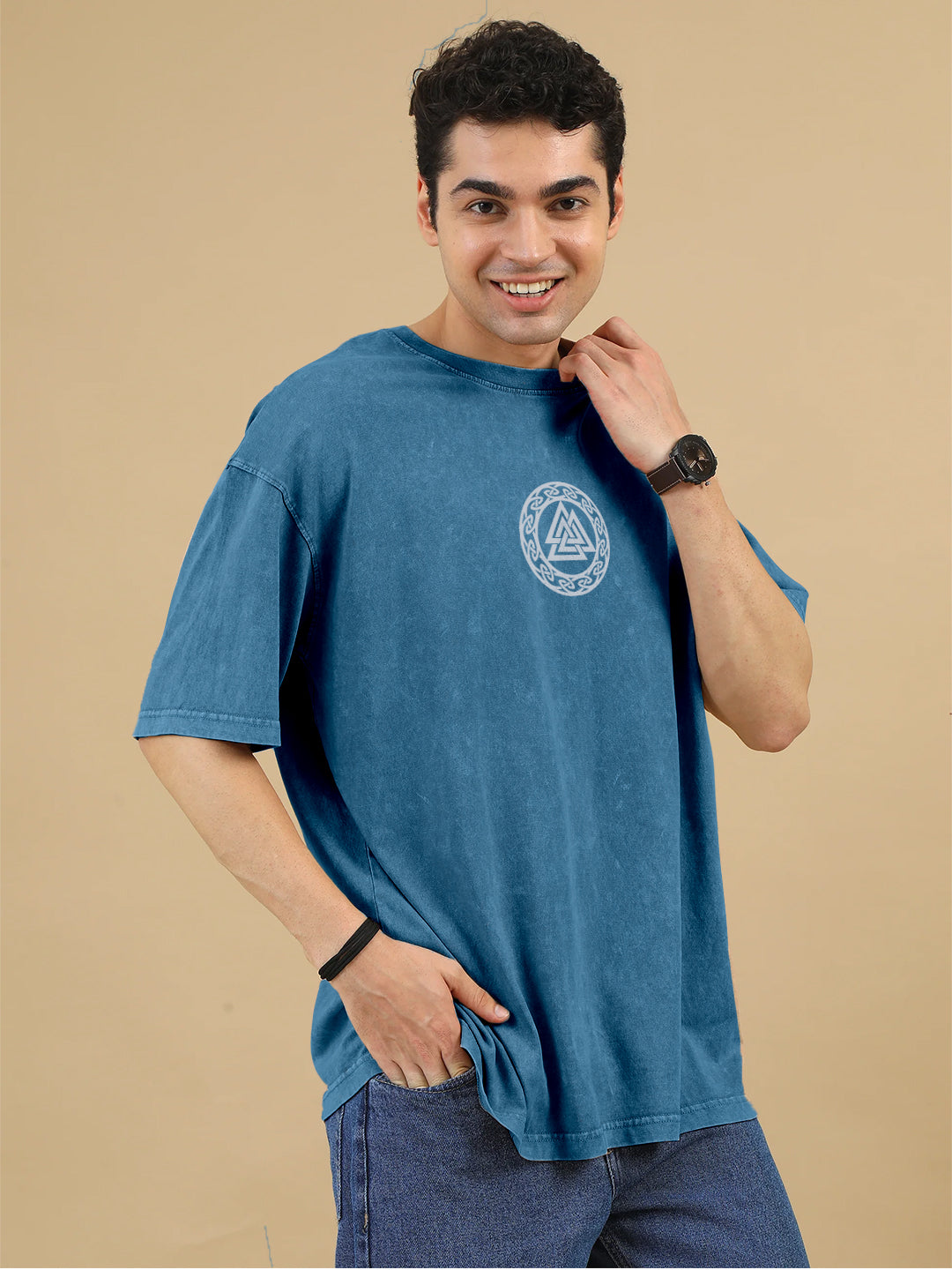 Tree of Life Vintage Acid Wash Graphic Printed Oversized T-Shirt - Denim Blue