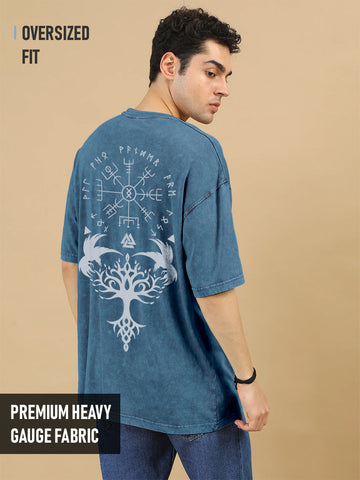 Tree of Life Vintage Acid Wash Graphic Printed Oversized T-Shirt - Denim Blue