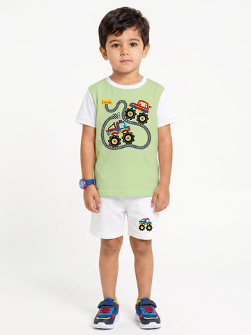 Kids - Truck Racer Pista Green White Top & White Bottom Set