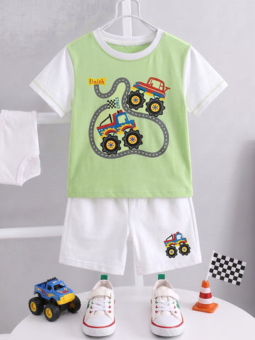 Kids - Truck Racer Pista Green White Top & White Bottom Set