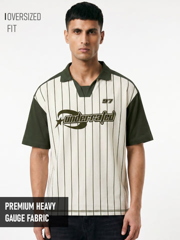 UnderRated Oversized Polo T-Shirt - Olive Green & Off White
