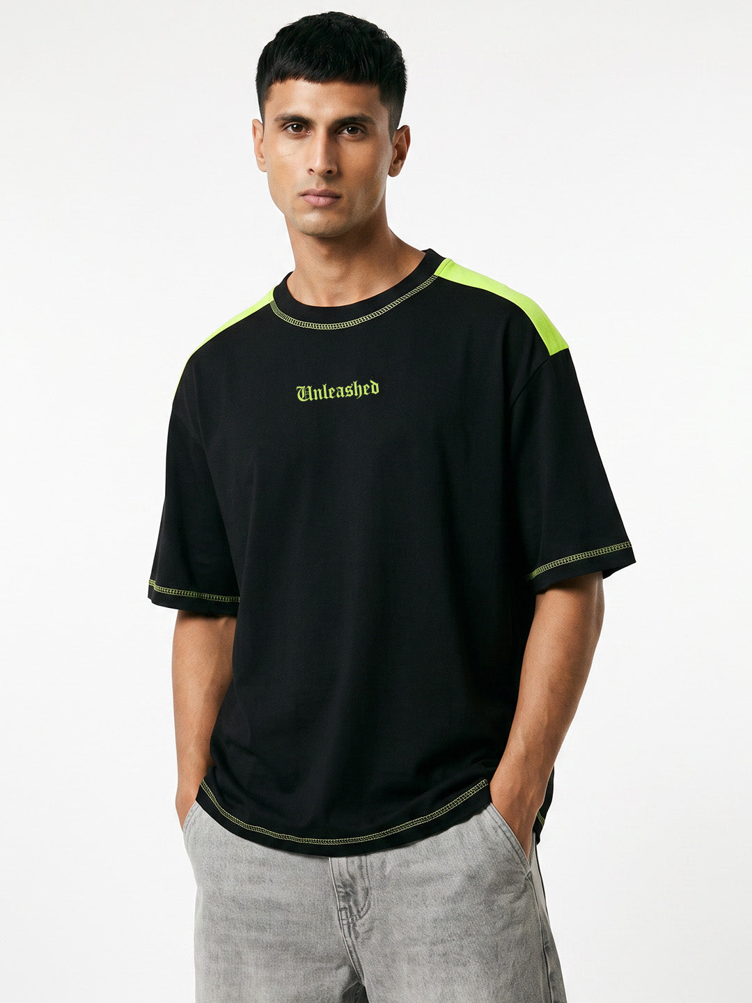 Unleashed Oversized T-Shirt - Contrast 5 Thread Black & F.Green