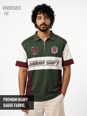 Urban Shift Oversized Polo T-Shirt - Olive Green, Off White & Maroon