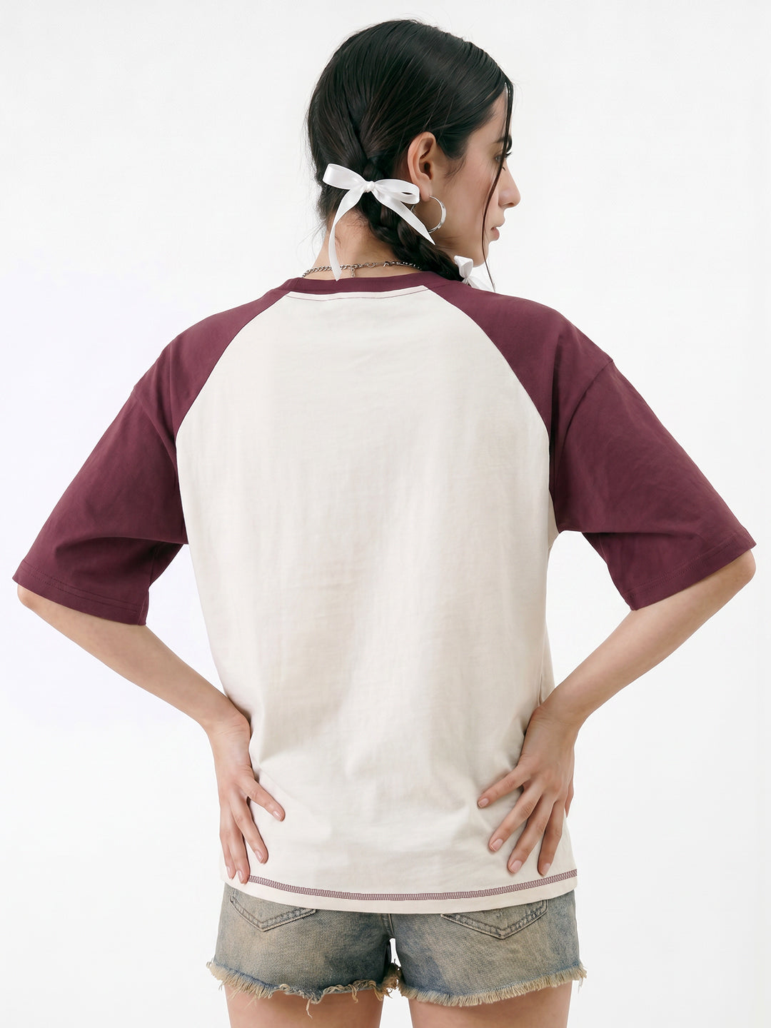 Western Raceway Women Oversized T-Shirt - Off White & Maroon