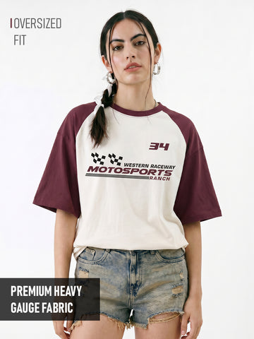 Western Raceway Women Oversized T-Shirt - Off White & Maroon
