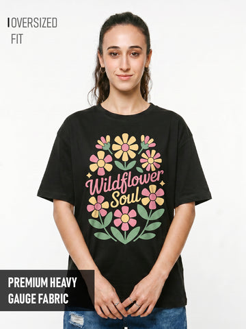 Wild Flower Soul Women Oversized T-Shirt - Black