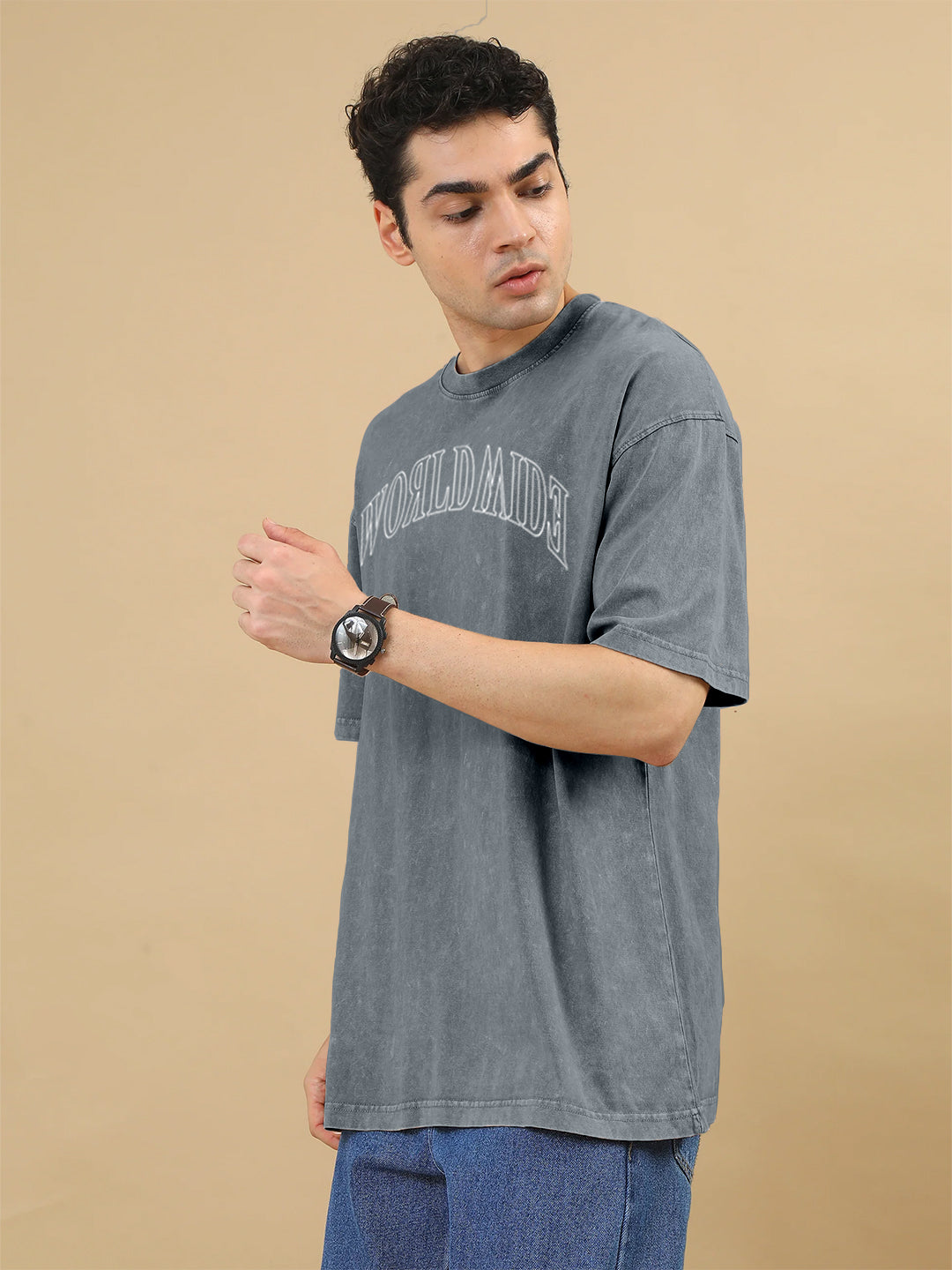 World Wide Acid Wash Oversized T-Shirt - Steel Grey