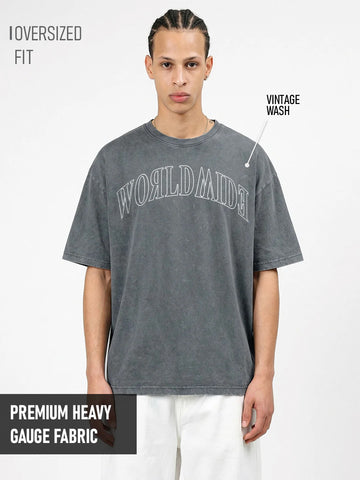 World Wide Acid Wash Oversized T-Shirt - Steel Grey