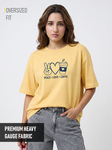 Peace Love Coffee Women Oversized T-Shirt - Yellow