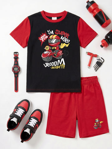 Kids - Super Hero Black Red Top & Red Bottom Set